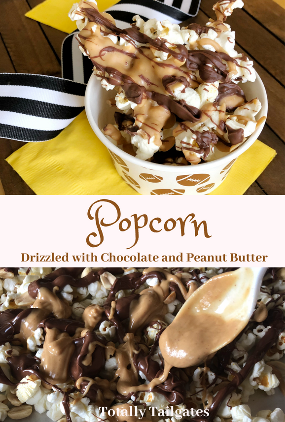 Popcorn Drizzled with Chocolate and Peanut Butter is a tailgate dessert that is super easy! Make great teacher & neighbor gifts too! | Totally Tailgates #footballparty #tailgatefood #popcorn